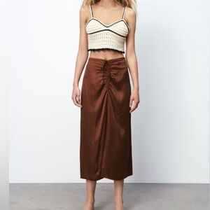 ZARA ADJUSTABLE FRONT RUSCHED MAXI BROWN SATIN SKIRT XS/S